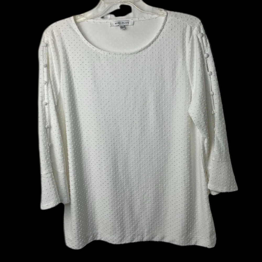 Rose & Olive NWOT White Swiss Dot Pullover Top Large Slit Open Button Sleeve